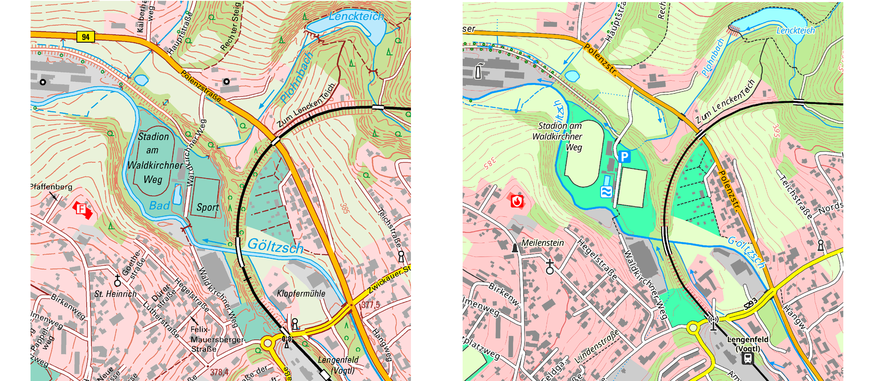 Ausschnitt aus der TK10 (links) und Ausschnitt aus der P10 (rechts)