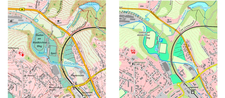 Kartenausschnitt einer DTK10 und einer P10 im Vergleich