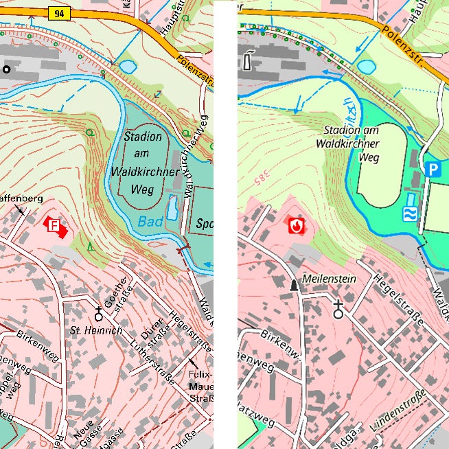 Ausschnitt aus der DTK10 (links) und Ausschnitt aus der P10 (rechts)