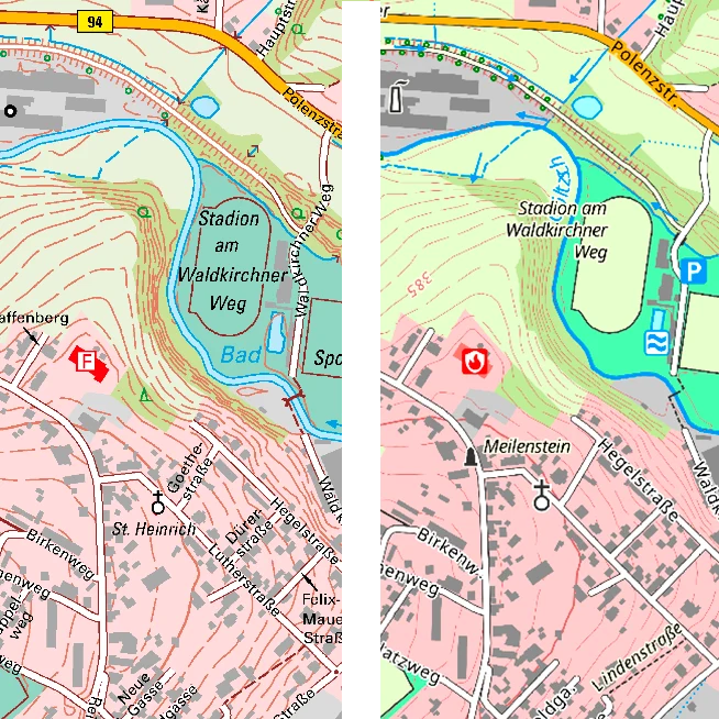 Ausschnitt aus der DTK10 (links) und Ausschnitt aus der P10 (rechts)