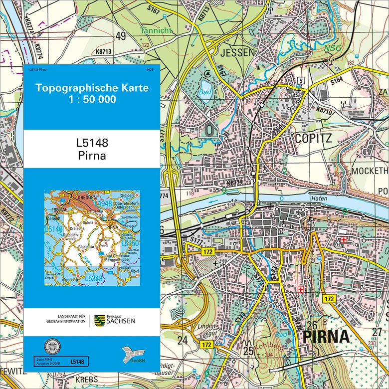 Cover und Ausschnitt der Topographischen Karte 1 : 50 000 Pirna