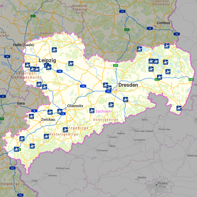 Screenshot Geoportal Sachsenatlas - Sachsenkarte mit Badegewässer Icons