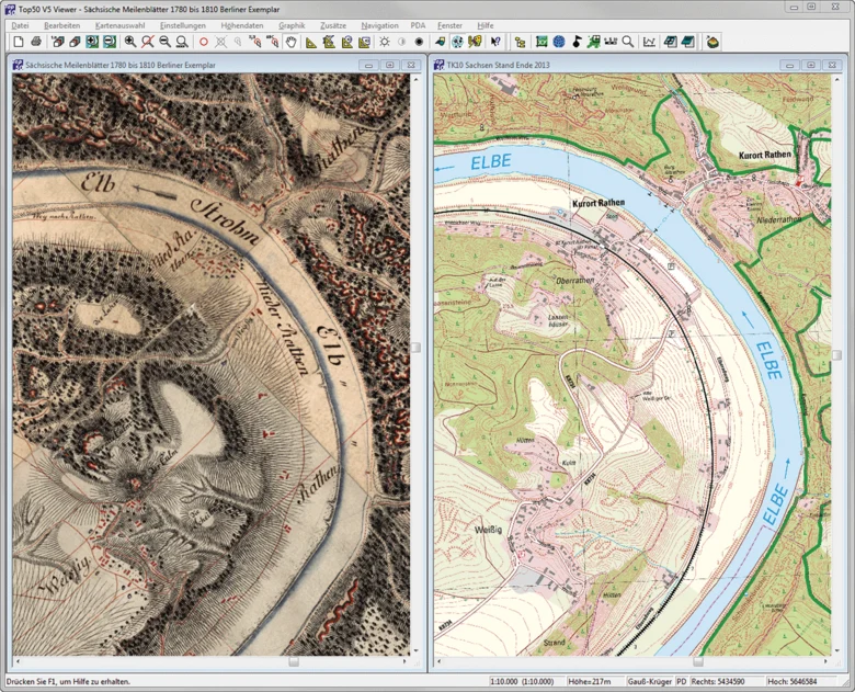 Vergleich von einem historischen Meilenblatt mit einer topographischen Karte von Rathen