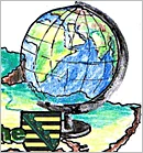 Bild von einem mit Buntstiften ausgemalten Globus und einem Sachsenlogo