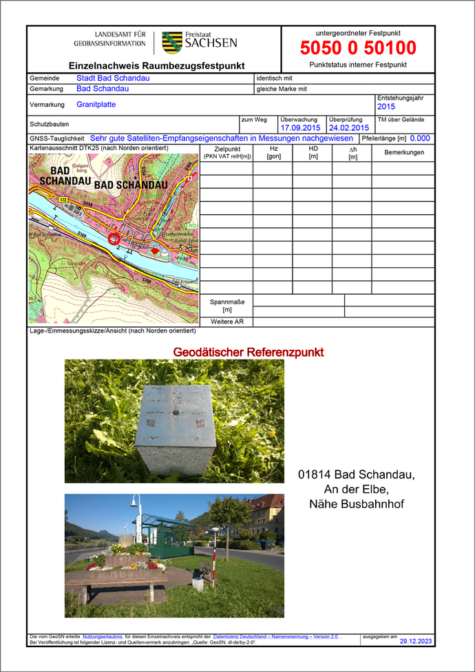 Festpunktbeschreibung Geodätischer Referenzpunkt Bad Schandau