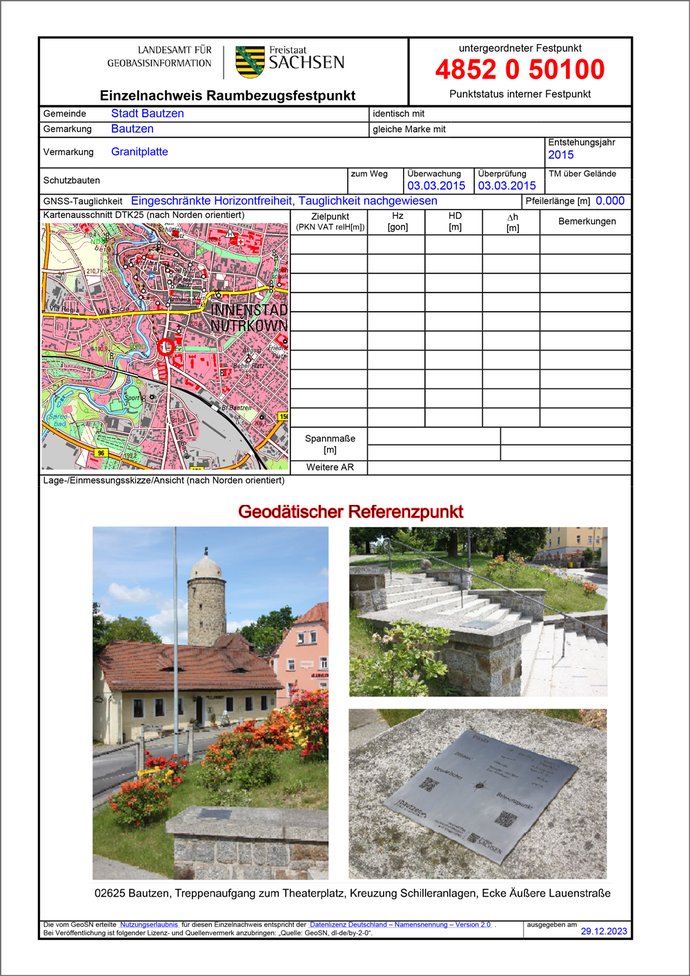 Festpunktbeschreibung Geodätischer Referenzpunkt Bautzen