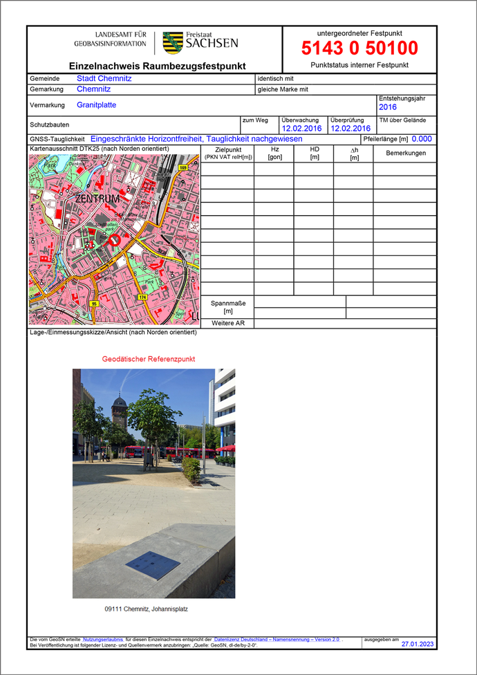 Festpunktbeschreibung Geodätischer Referenzpunkt Chemnitz