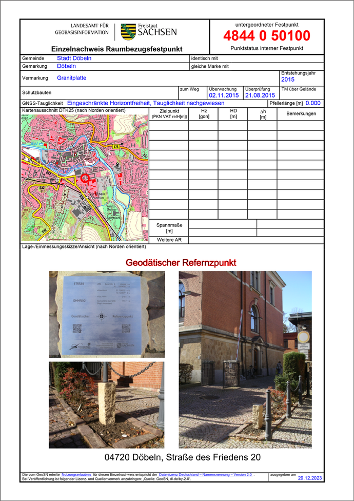 Festpunktbeschreibung Geodätischer Referenzpunkt Döbeln