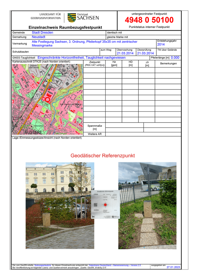 Festpunktbeschreibung Geodätischer Referenzpunkt Dresden GeoSN