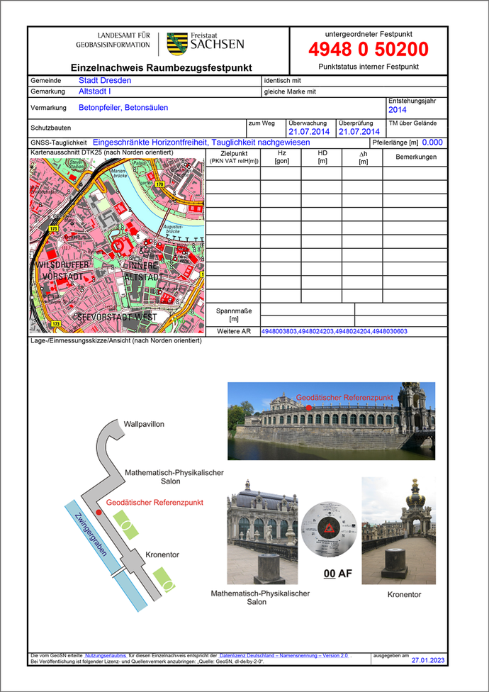 Festpunktbeschreibung Geodätischer Referenzpunkt Dresden Zwinger