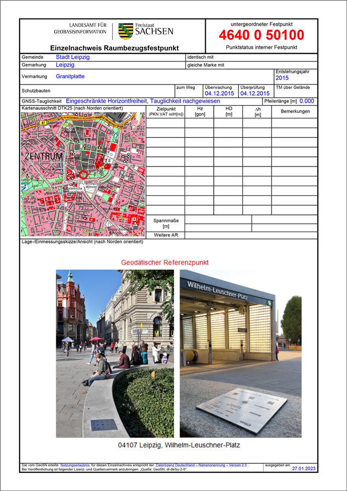 Festpunktbeschreibung Geodätischer Referenzpunkt Leipzig