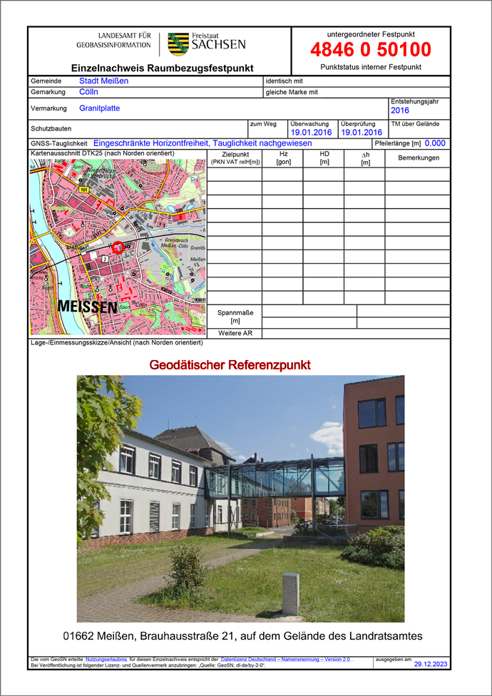 Festpunktbeschreibung Geodätischer Referenzpunkt Meißen
