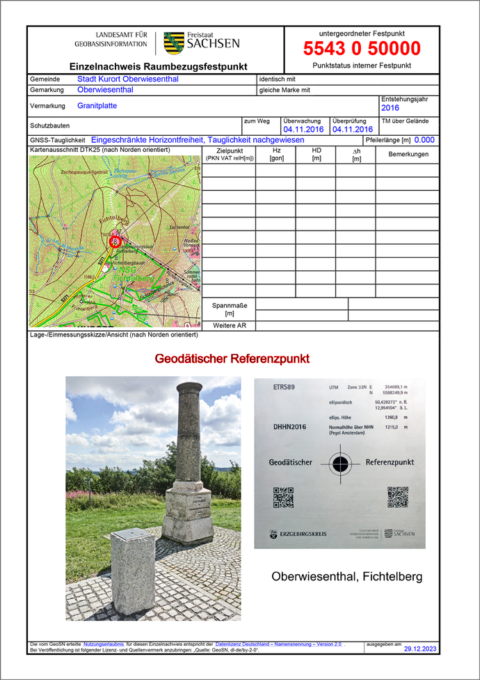 Festpunktbeschreibung Geodätischer Referenzpunkt Oberwiesenthal
