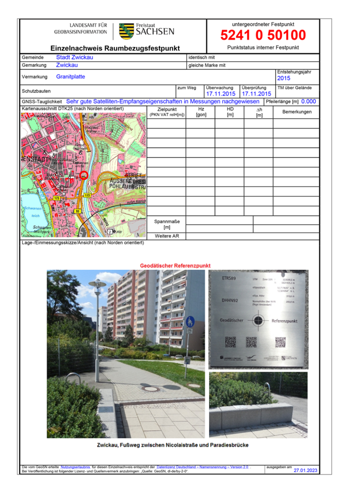 Festpunktbeschreibung Geodätischer Referenzpunkt Zwickau