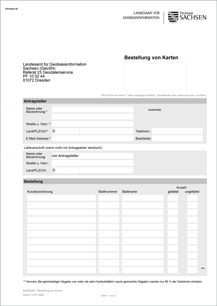 Formular zur Bestellung von Topographischen Karten