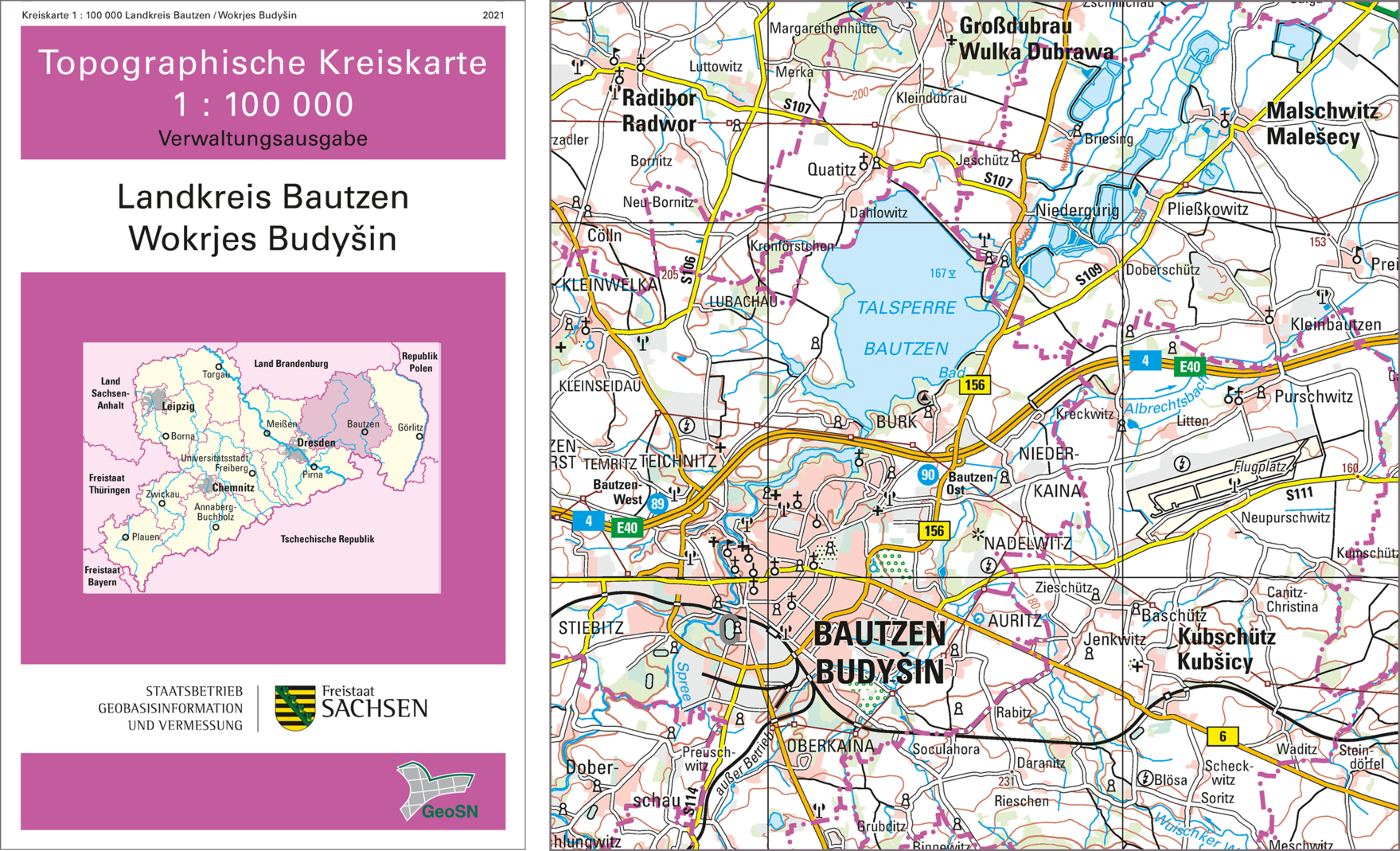 Cover und Ausschnitt der Topographischen Karte 1:100 000 Landkreis Bautzen
