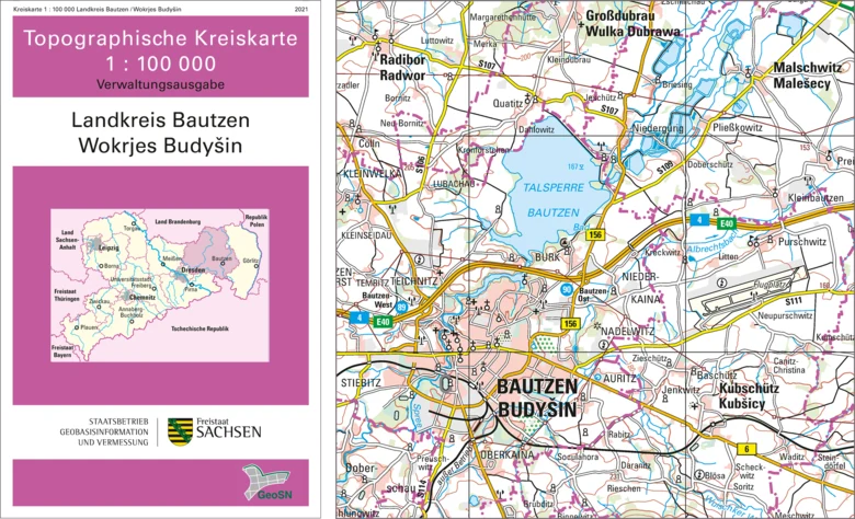 Cover und Ausschnitt der Topographischen Karte 1:100 000 Landkreis Bautzen