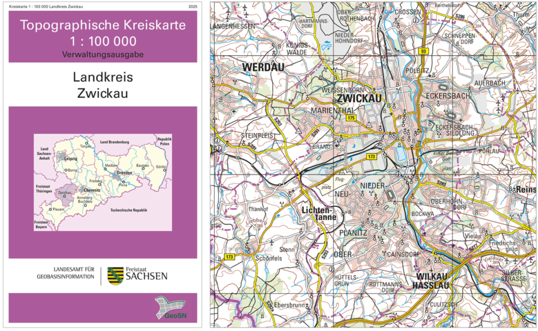 Cover und Ausschnitt der Kreiskarte 1:100 000 Zwickau