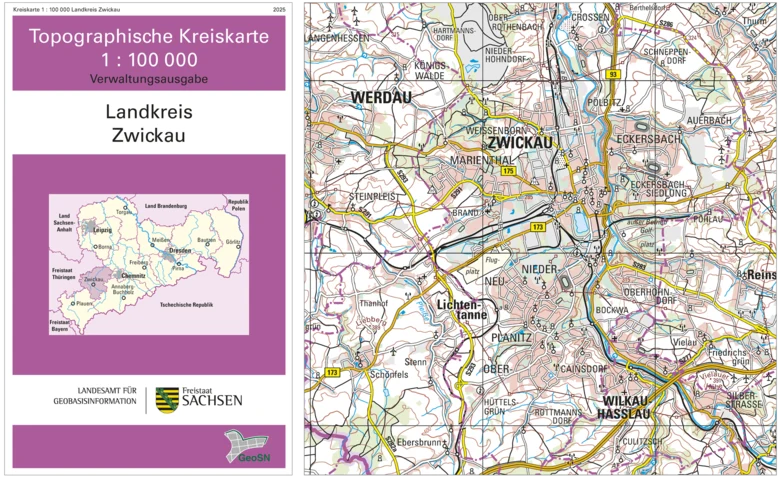 Cover und Ausschnitt der Kreiskarte 1:100 000 Zwickau