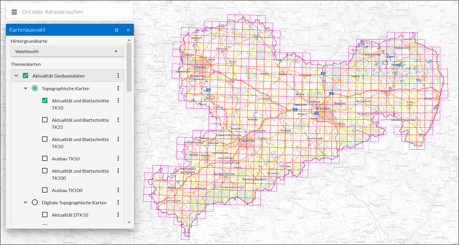 Screenshot Geoviewer Aktualität und Blattschnitte