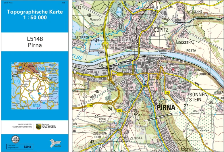 Cover und Ausschnitt der Topographischen Karte 1 : 50 000 Pirna