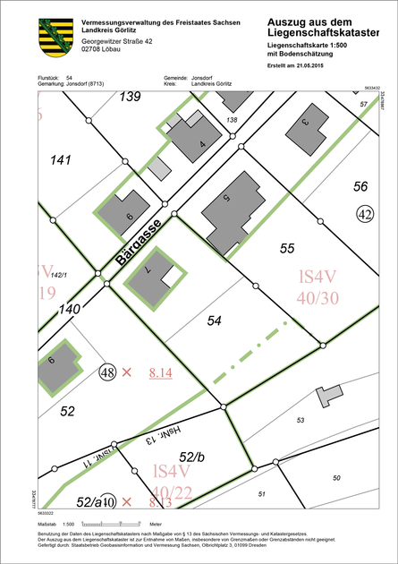 Auszug aus dem Liegenschaftkataster mit Bodenschätzung (Beispieldarstellung)