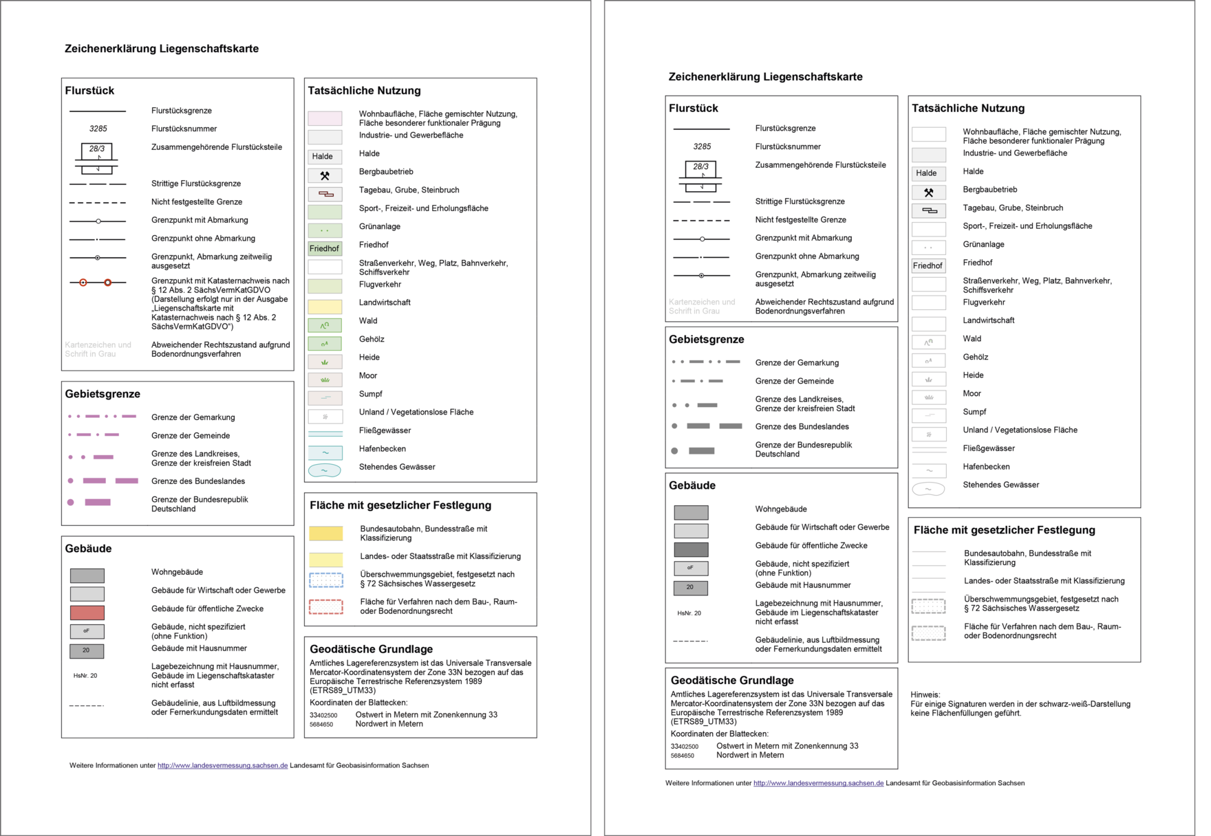 Zeichenerklärung zur Liegenschaftskarte, farbig und schwarz-weiß