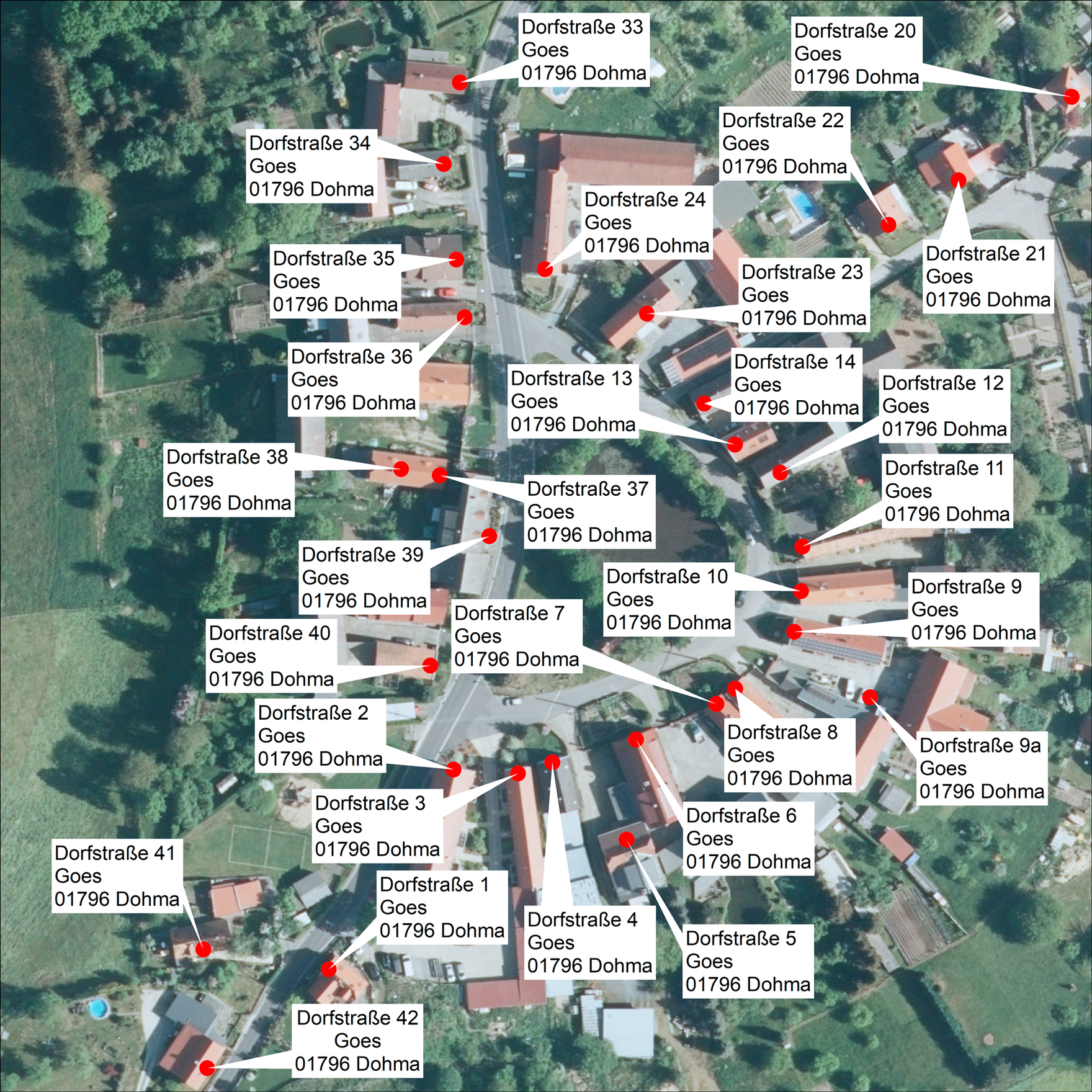 Digitales Orthophoto (DOP) mit Hauskoordinaten und Beschriftung überlagert